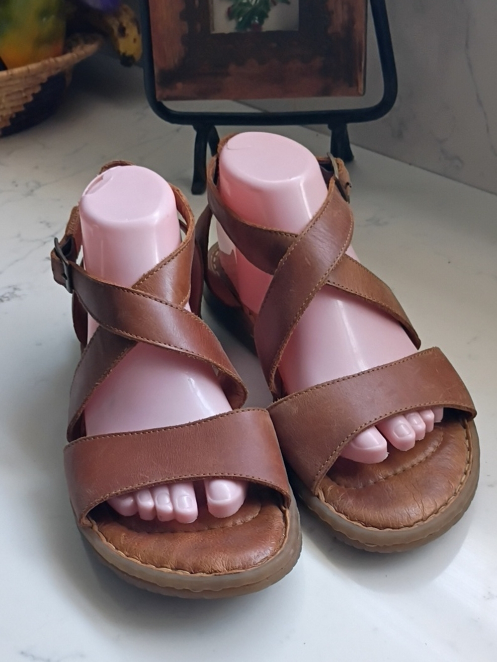 Born Brown Leather Cross-Strap Sandals